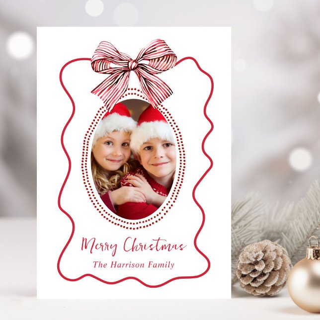Frohe Weihnachten Whimsical Red Wavy Frame Bow Fot (Picture-Perfect Memories: Create Your Custom Photo Christmas Card)