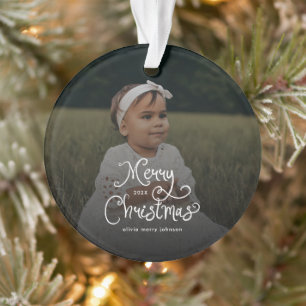 Frohe Weihnachten Whimsical Schrift Baby-Foto Ornament
