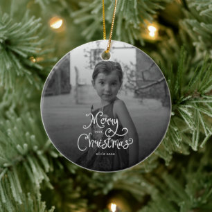 Frohe Weihnachten Whimsical Schrift custom Foto Hu Keramik Ornament