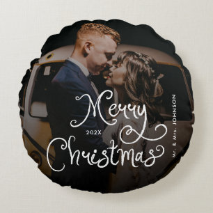 Frohe Weihnachten Whimsical Script Benutzerfoto Rundes Kissen