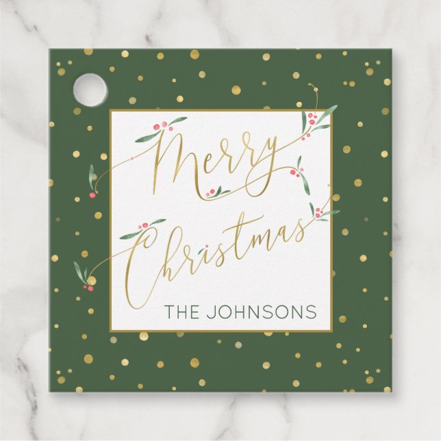 Frohe Weihnachten Whimsical Script Grün und Gold Geschenkanhänger (Vorderseite)