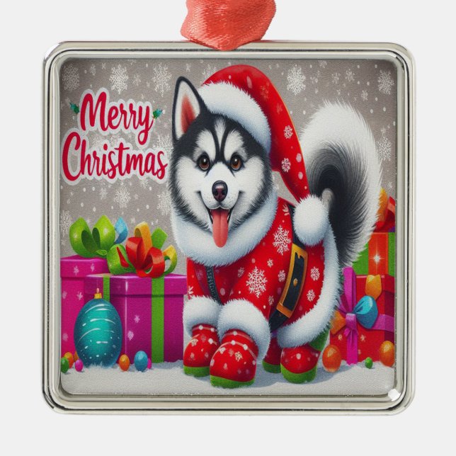 Frohe Weihnachten Whimsical sibirischen Husky Dog  Ornament Aus Metall (Vorne)