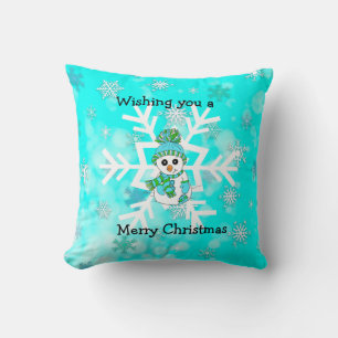 Frohe Weihnachten Whimsical Snowman und Snowflake Kissen