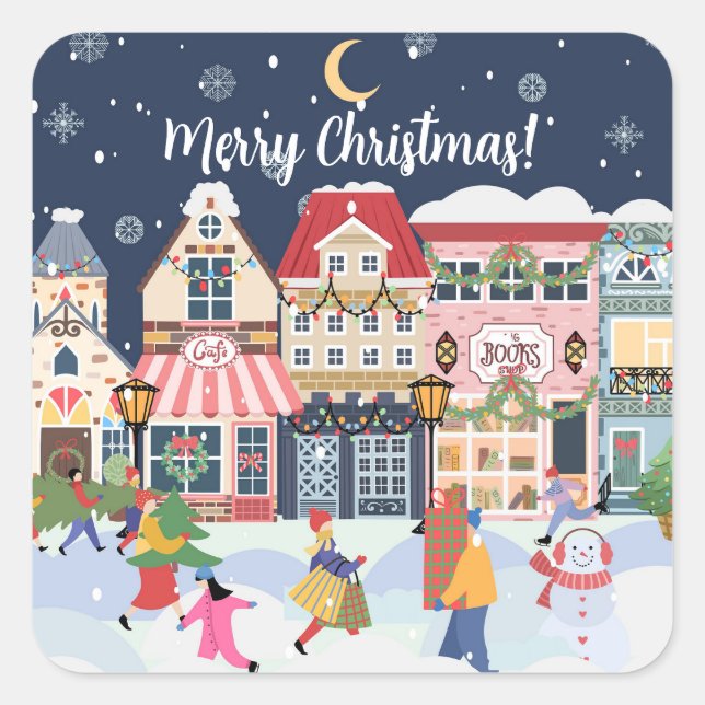 Frohe Weihnachten Whimsy Winterstadt Personalisier Quadratischer Aufkleber (Vorderseite)