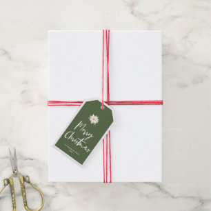 Frohe Weihnachten White Poinsettia auf Green Geschenkanhänger