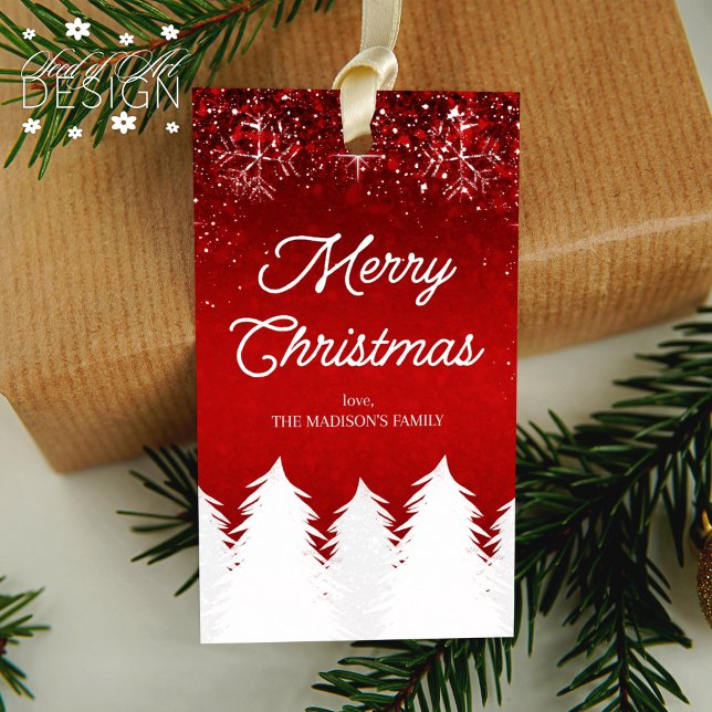 Frohe Weihnachten Winter Bäume & Schneeflocken Rot Geschenkanhänger (Von Creator hochgeladen)