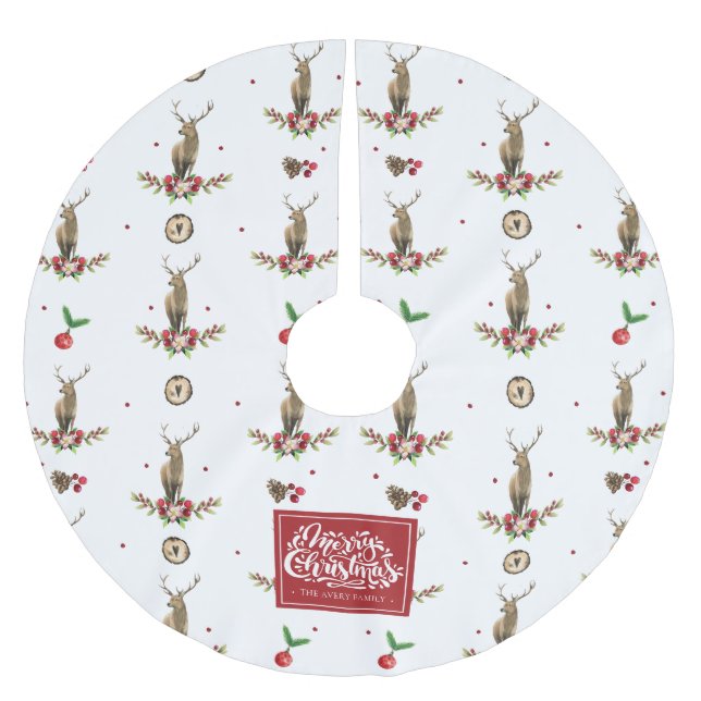 Frohe Weihnachten Winter Deer Pattern Wasserfarbe Polyester Weihnachtsbaumdecke (Vorderseite)