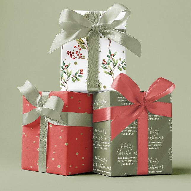 Frohe Weihnachten Winter Holly Greenery Geschenkpapier Set (With red holly berries and watercolor greenery. )
