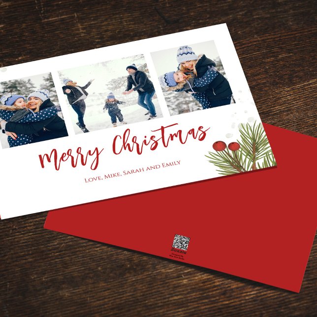 Frohe Weihnachten Winter Red Holly Berries 3 Foto (Merry Christmas watercolor greenery holiday photo card with a three-photo template. )