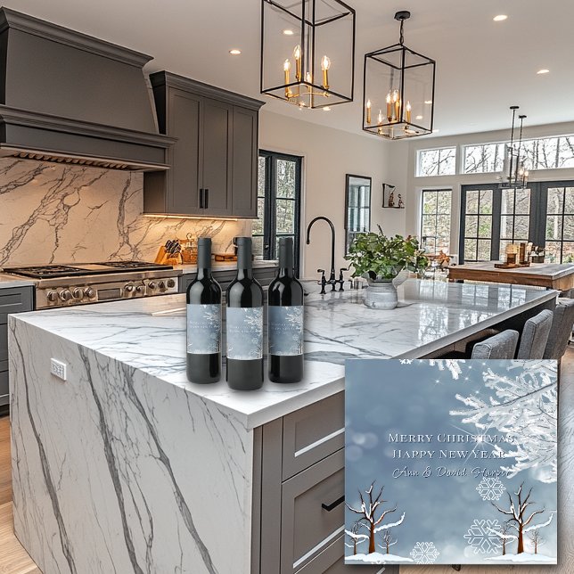 Frohe Weihnachten Winter Schneeflocken Bäume Weinetikett (Von Creator hochgeladen)