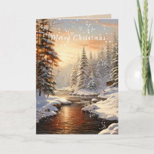 Frohe Weihnachten Winterkiefernbaum Wald Fluss Son