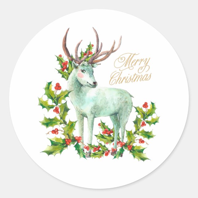 Frohe Weihnachten Woodland Deer und Holly Berry Runder Aufkleber (Vorderseite)