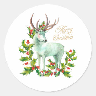 Frohe Weihnachten Woodland Deer und Holly Berry Runder Aufkleber