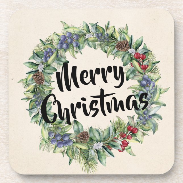 Frohe Weihnachten - Wraath - Handgemalte Wasserfar Getränkeuntersetzer (Vorderseite)