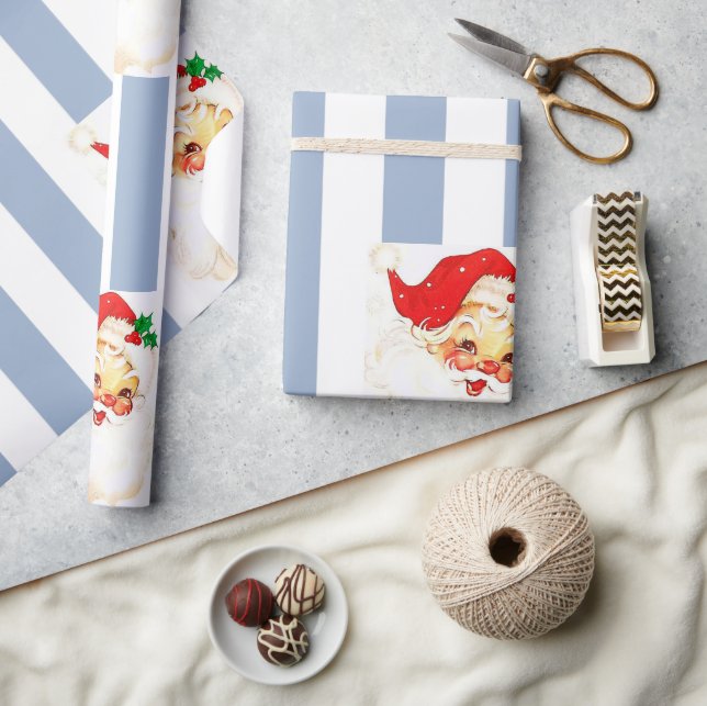 Frohe Weihnachten Wrapping Blue & White Stripe San Geschenkpapier (Kunsthandwerk)
