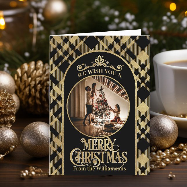 Frohe Weihnachten wünscht Foto Weihnachtskarte (Elegant black and gold Merry Christmas holiday card personalized with photo and family name)