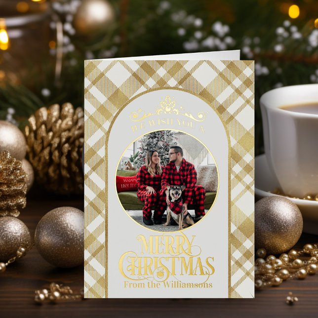 Frohe Weihnachten wünscht Foto Weihnachtskarte (Elegant white and gold Merry Christmas holiday card personalized with photo and family name)