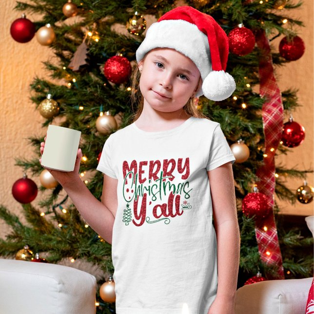 Frohe Weihnachten Y’all Imitats Glitzer Script Hol T-Shirt (Von Creator hochgeladen)