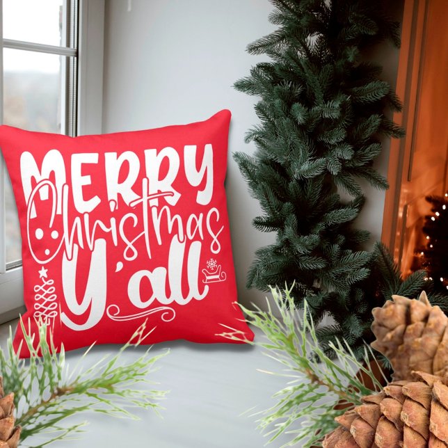 Frohe Weihnachten Y’all Typografy Holiday Red Kissen (Von Creator hochgeladen)