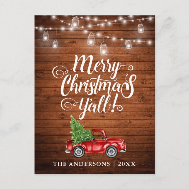 Frohe Weihnachten Y'all Jar Lights Truck Wood Postkarte (Vorderseite)