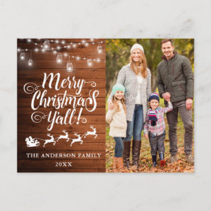 Frohe Weihnachten Y'all Lights Wood Family Foto Postkarte