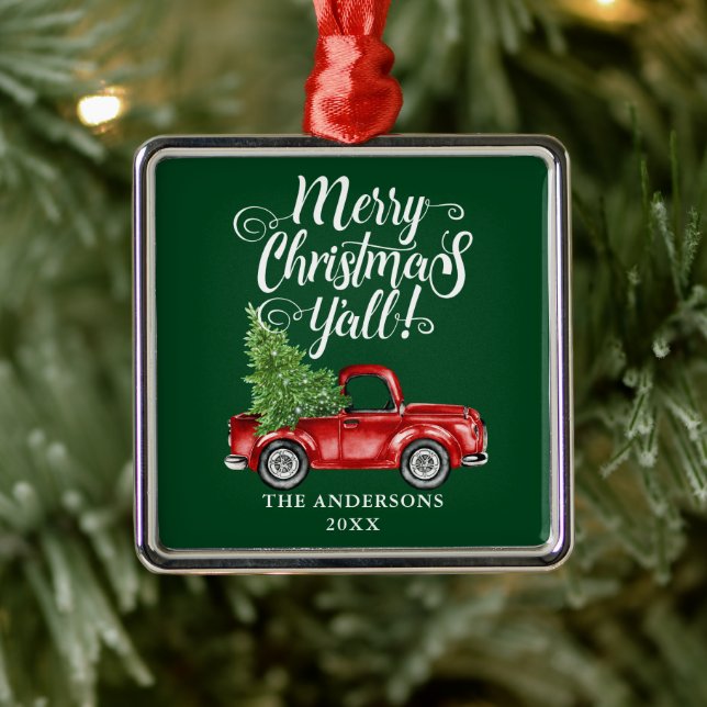 Frohe Weihnachten Y'all Red Truck Green Square Ornament Aus Metall (Baum)