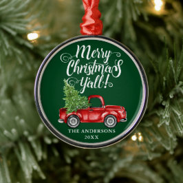Frohe Weihnachten Y'all Red Truck Round Green Ornament Aus Metall