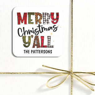 Frohe Weihnachten Y'all Tartan Leopard Print Name Quadratischer Aufkleber