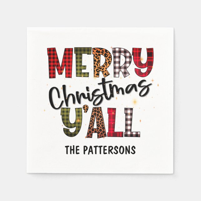 Frohe Weihnachten Y'all Tartan Leopard Print Name Serviette (Vorderseite)