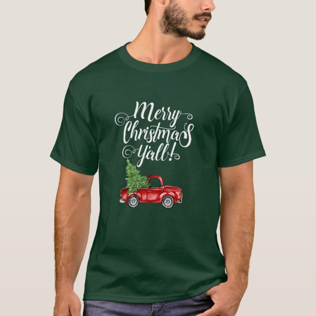 Frohe Weihnachten Y'all Vintag Truck Green T-Shirt (Vorderseite)