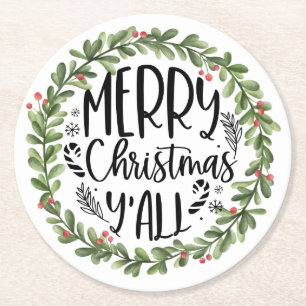 Frohe Weihnachten Y'all Wasserfarbenreath Runder Pappuntersetzer