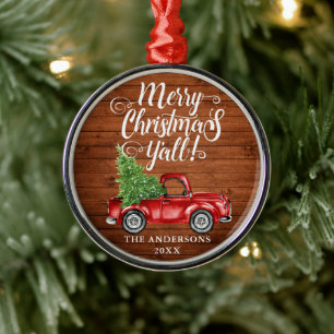 Frohe Weihnachten Y'all Wood Red Truck Round Ornament Aus Metall
