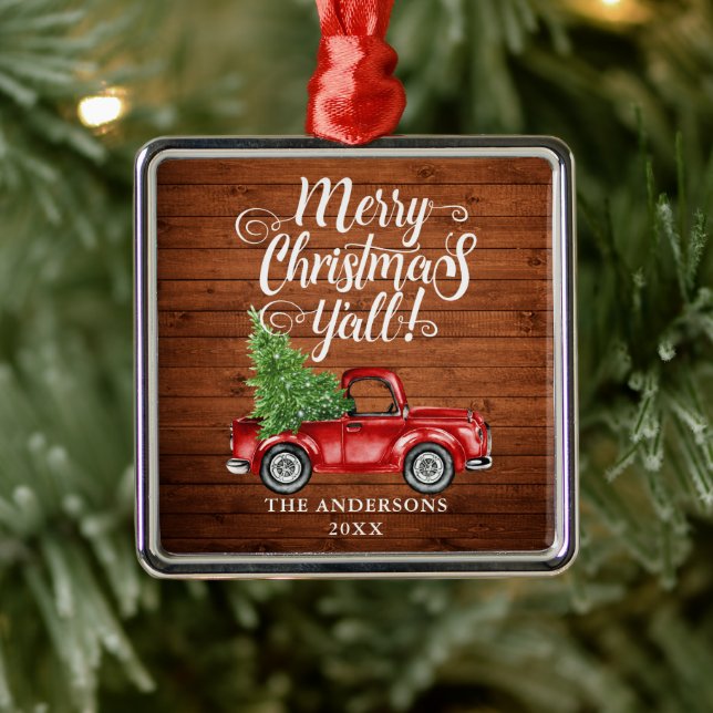 Frohe Weihnachten Y'all Wood Red Truck Square Ornament Aus Metall (Baum)