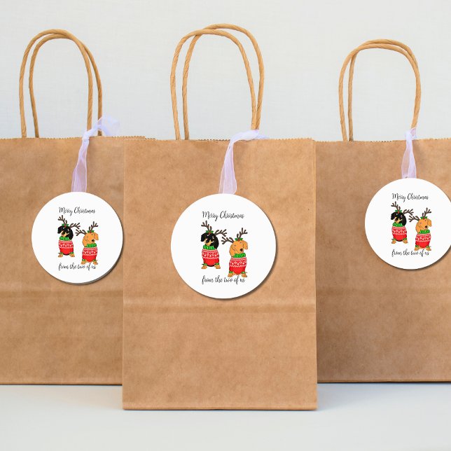 Frohe Weihnachten Zwei Decked Out Dackeln Runder Aufkleber (Cute Dog Dachshund Xmas Stickers)