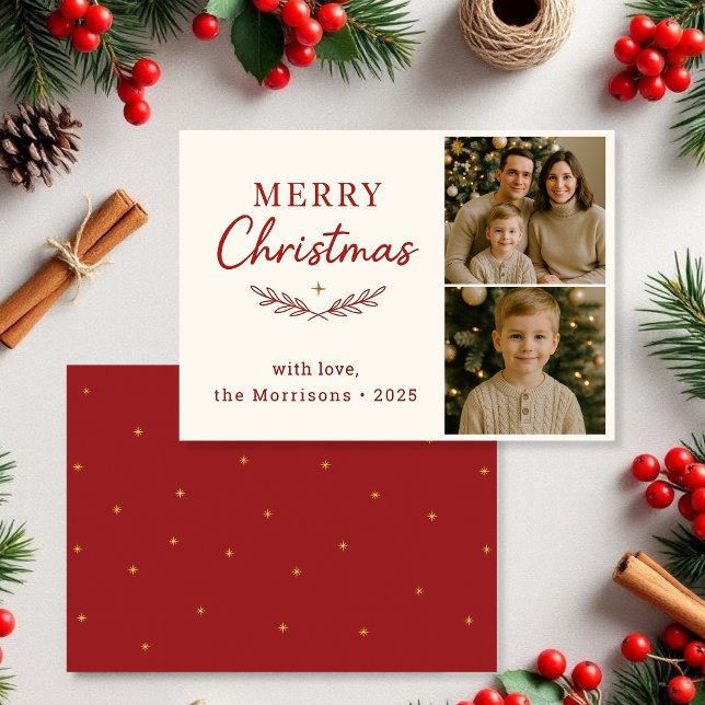 Frohe Weihnachten Zwei Foto Red Holiday Flat Card Einladung (Von Creator hochgeladen)