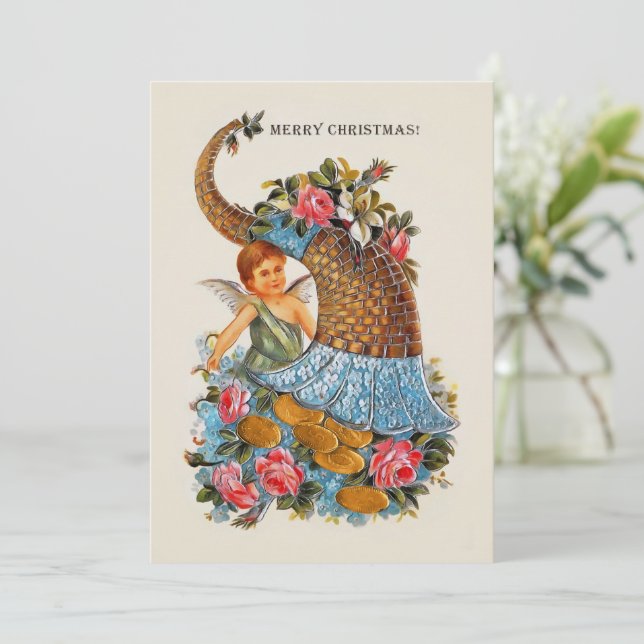 Frohe Weihnachts Angel Coins Cornucopia Rose Einladung (Stehend Vorderseite)