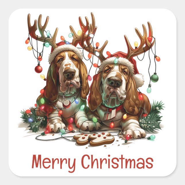 Frohe Weihnachts-Basset-Hunde Quadratischer Aufkleber (Vorderseite)