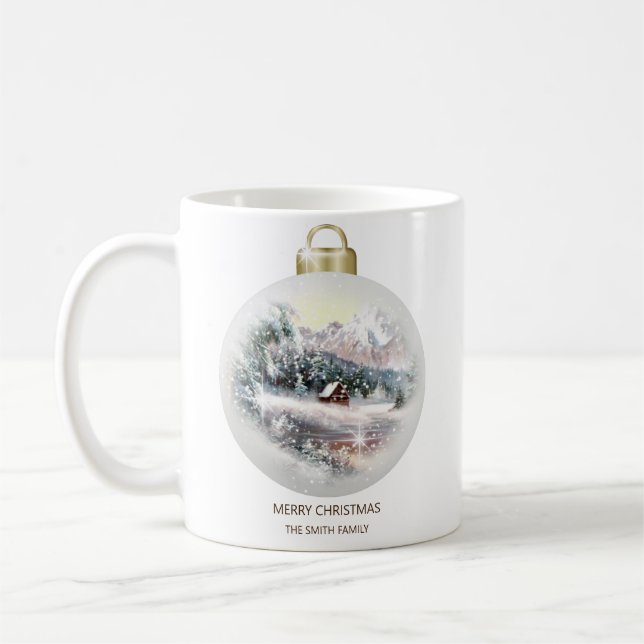 Frohe Weihnachts Bauble Ornament Bergschnee Kaffeetasse (Links)