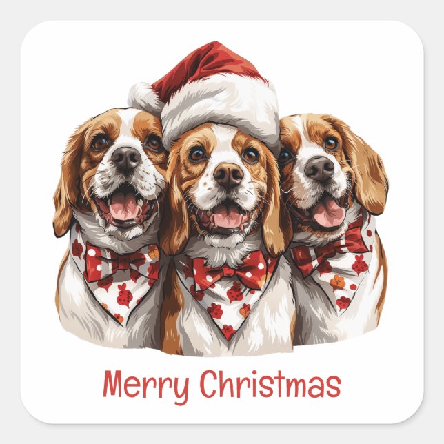 Frohe Weihnachts-Beagle-Hunde Quadratischer Aufkleber (Vorderseite)