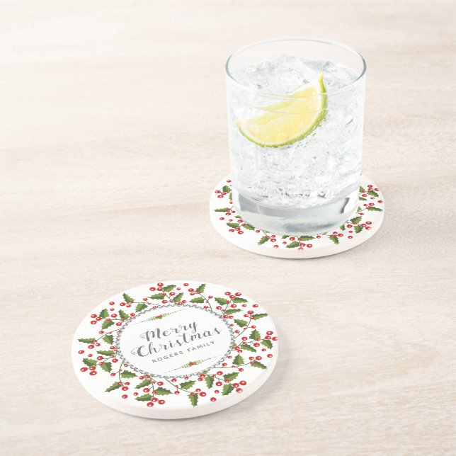 Frohe Weihnachts Berries Wreath & Modern Typografi Getränkeuntersetzer (Seite)