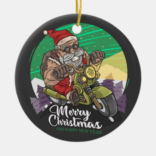 Frohe Weihnachts-Biker-Keramik Ornament (Vorne)