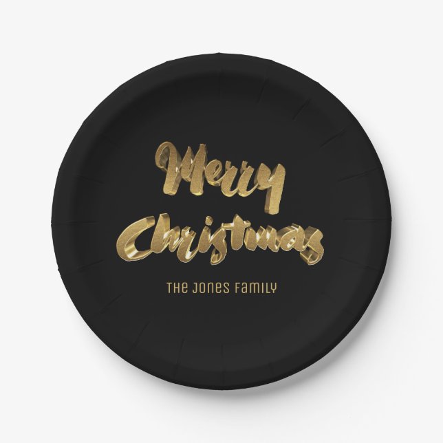 Frohe Weihnachts Black Gold Handwriting Typografie Pappteller (Vorderseite)