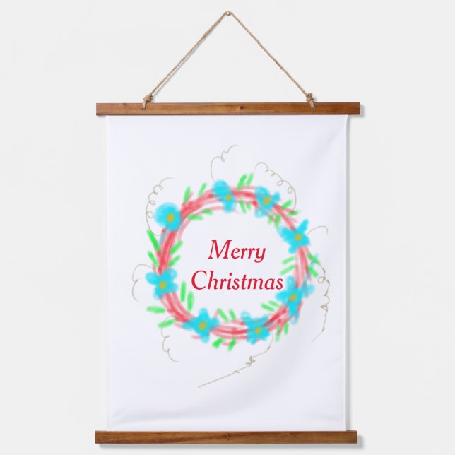 Frohe Weihnachts blaue Garland Aquarellturda Wandteppich Mit Holzrahmen (Vorderseite)