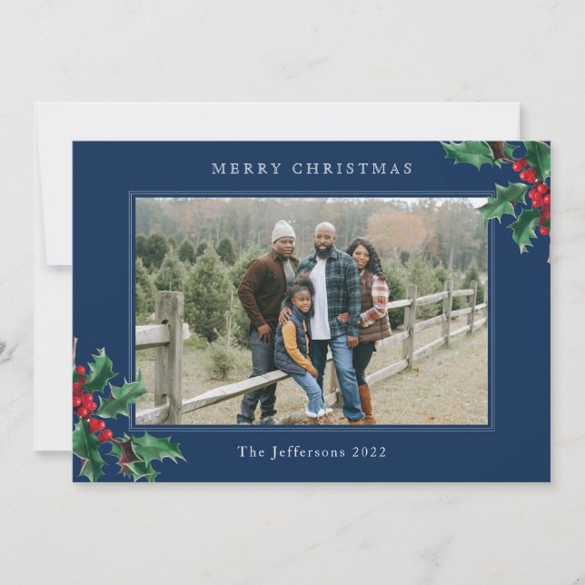 Frohe Weihnachts Blue Custom Holly Berries Card (Vorderseite)