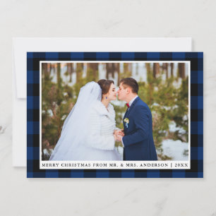Frohe Weihnachts Blue Kariert Wedding Foto Card Feiertagskarte