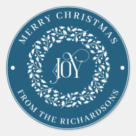 Frohe Weihnachts Blue Round White Holly Wreath Joy Runder Aufkleber