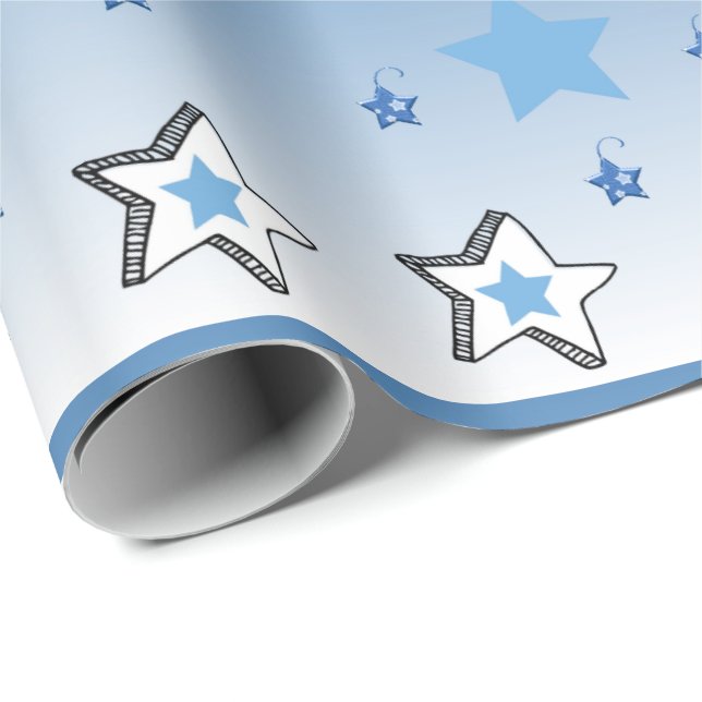 Frohe Weihnachts Blue Stars Wrapping Paper Geschenkpapier (Rolleneckpunkt)