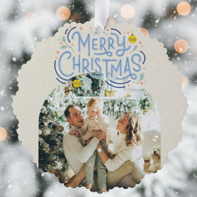 Frohe Weihnachts Blue Typografy Arched Foto Ornament Karte (Send cheer with this bold and playful holiday ornament!)