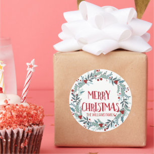 Frohe Weihnachts-Blume Wreath Familienname Runder Aufkleber