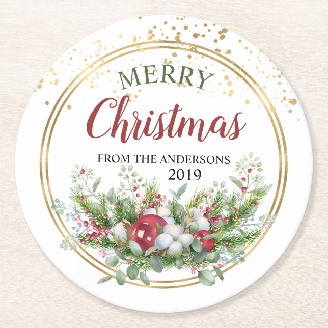 Frohe Weihnachts-Blumenzettel-Untersetzer Runder Pappuntersetzer (Vorderseite)